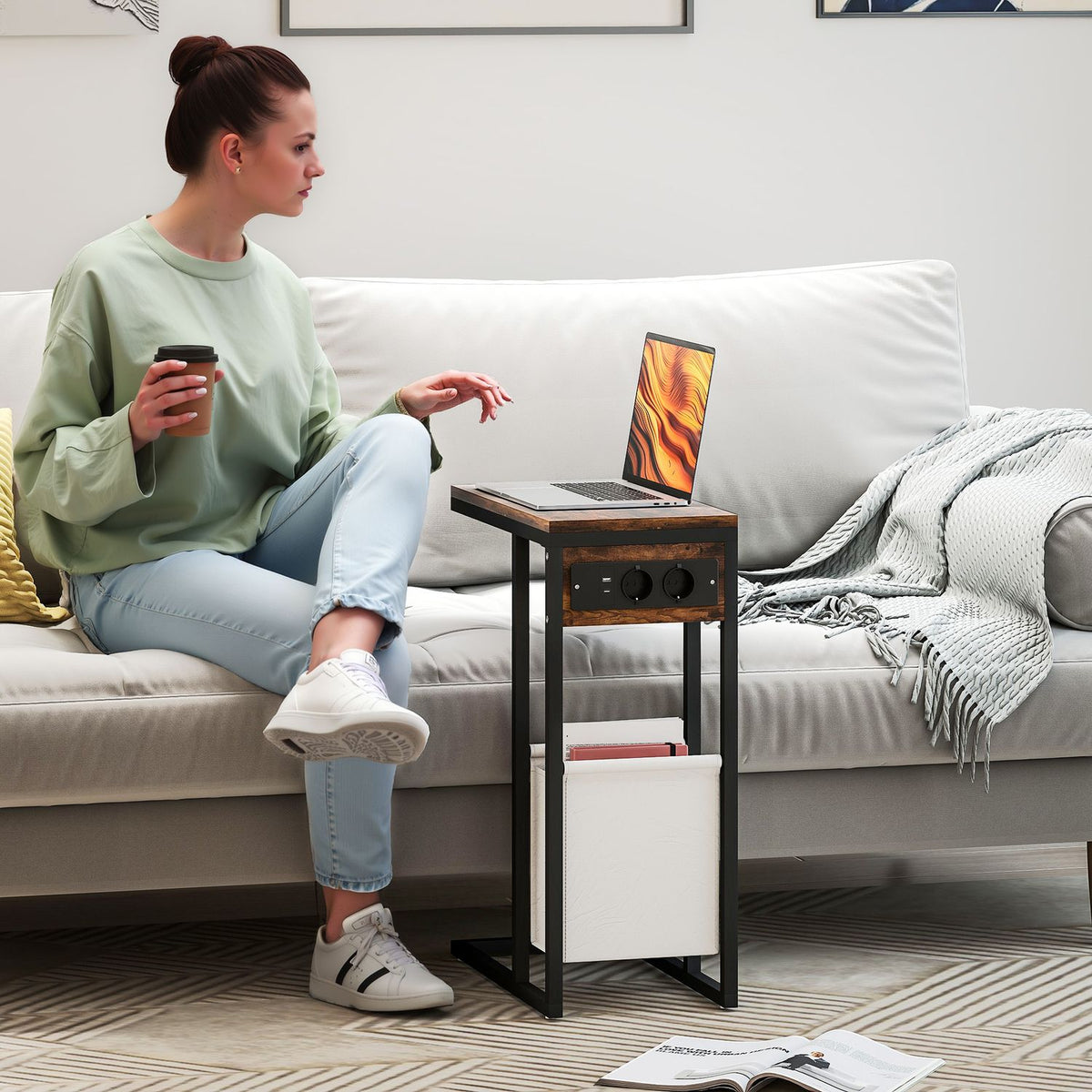 Side table with sockets, USB ports, cables, C-shaped design
