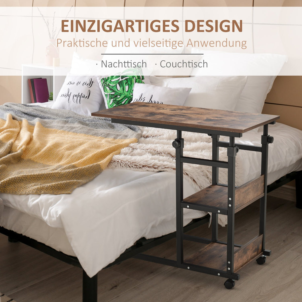 Side table with wheels Height-adjustable coffee table, 2 shelves, metal, black, 80x40x72-82 cm