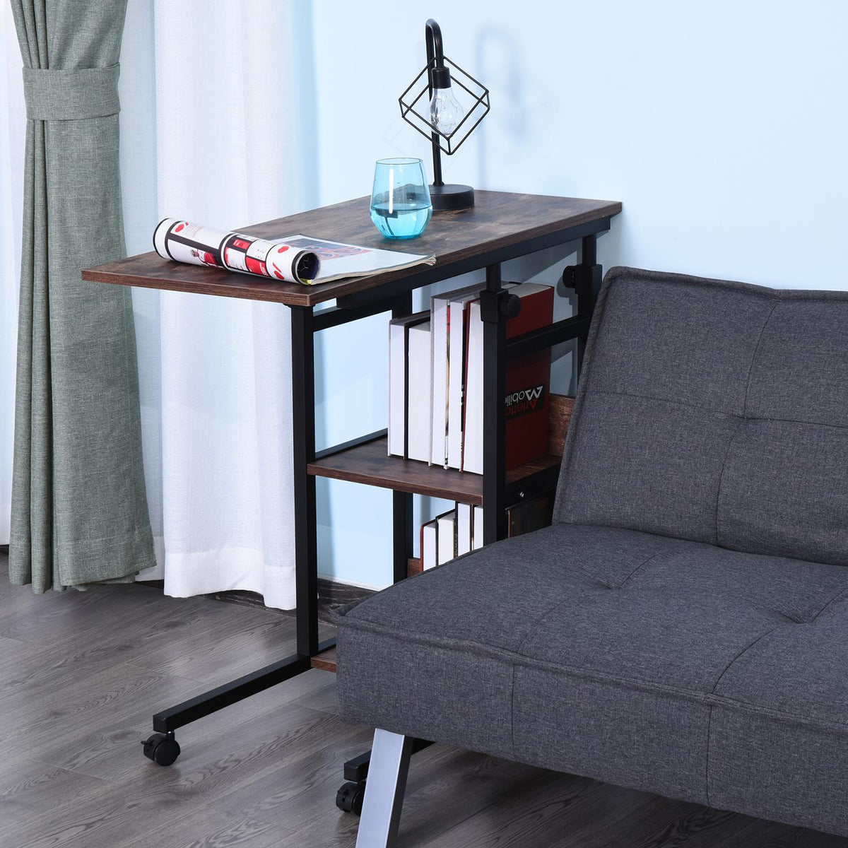 Side table with wheels Height-adjustable coffee table, 2 shelves, metal, black, 80x40x72-82 cm