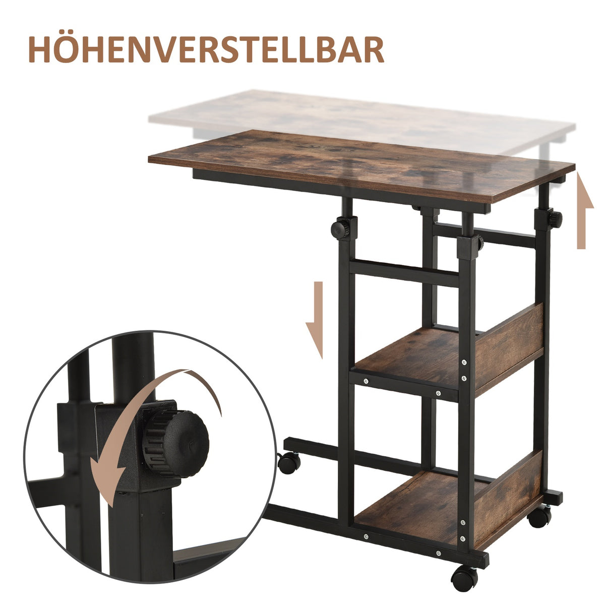 Side table with wheels Height-adjustable coffee table, 2 shelves, metal, black, 80x40x72-82 cm