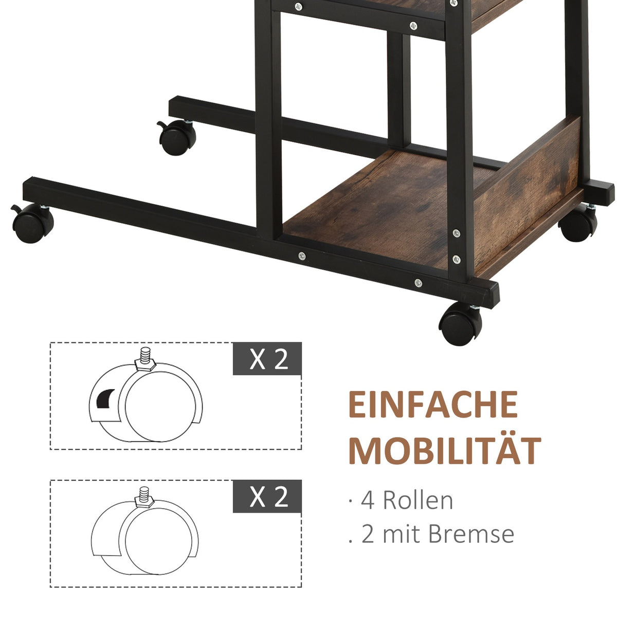 Side table with wheels Height-adjustable coffee table, 2 shelves, metal, black, 80x40x72-82 cm