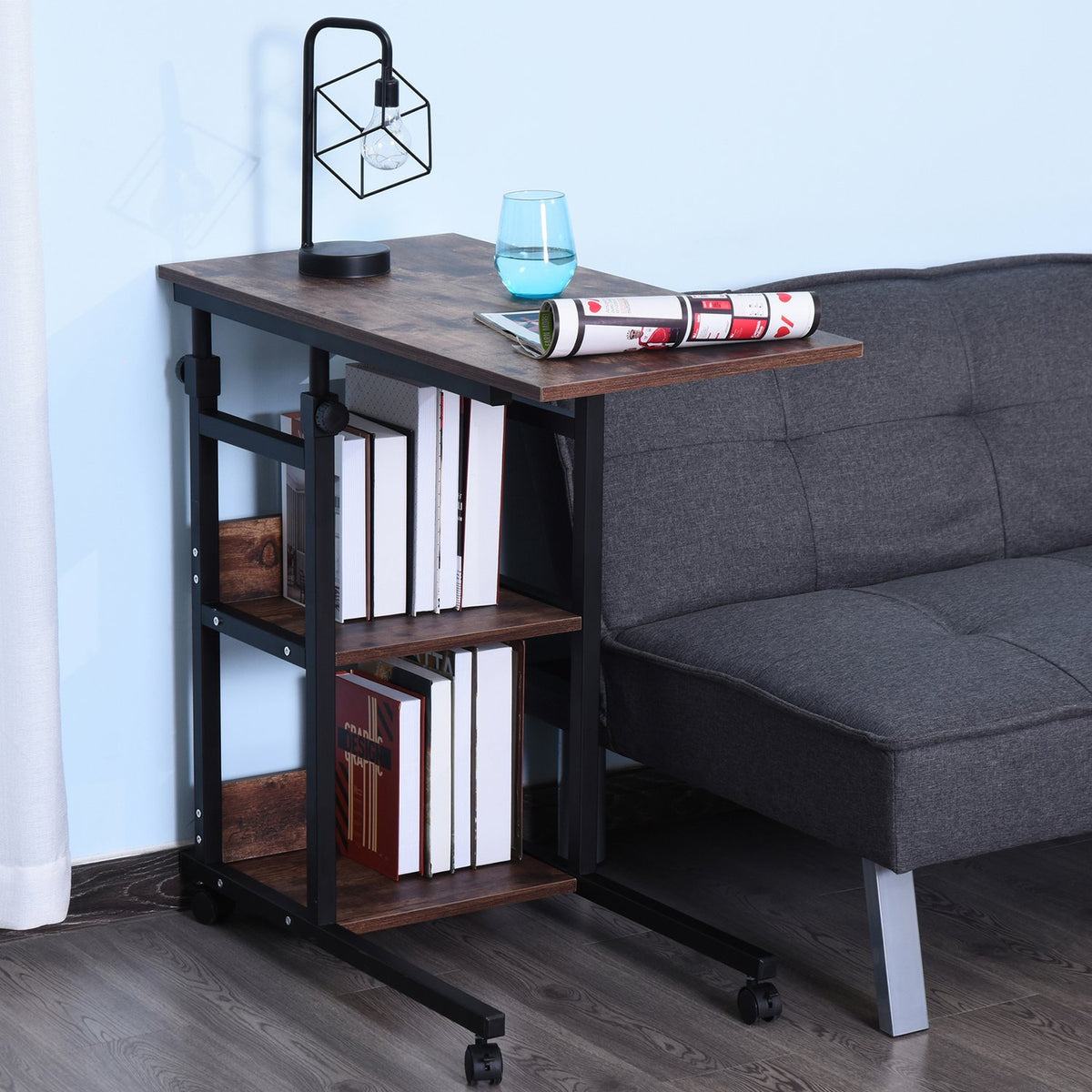 Side table with wheels Height-adjustable coffee table, 2 shelves, metal, black, 80x40x72-82 cm