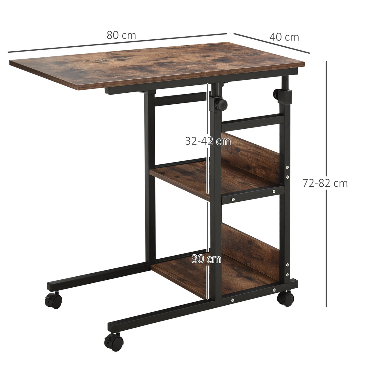 Side table with wheels Height-adjustable coffee table, 2 shelves, metal, black, 80x40x72-82 cm