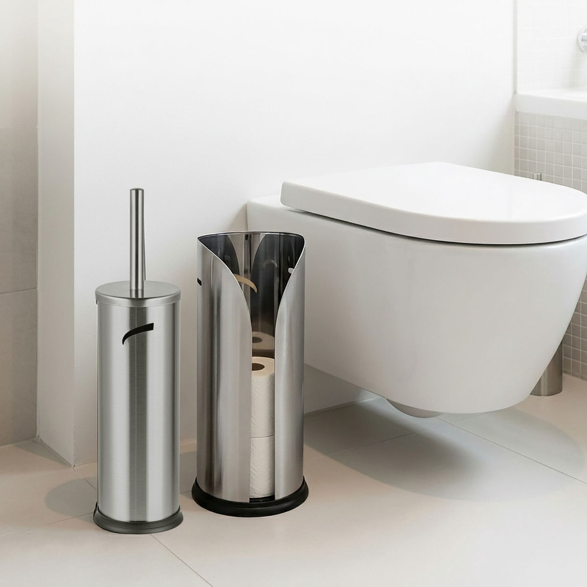 Silver Bathroom Set: Toilet Roll Holder & Brush