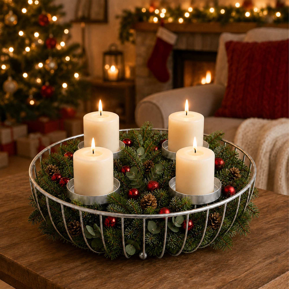 Silver Metal Advent Wreath Bowl – 33 cm Steel Holder