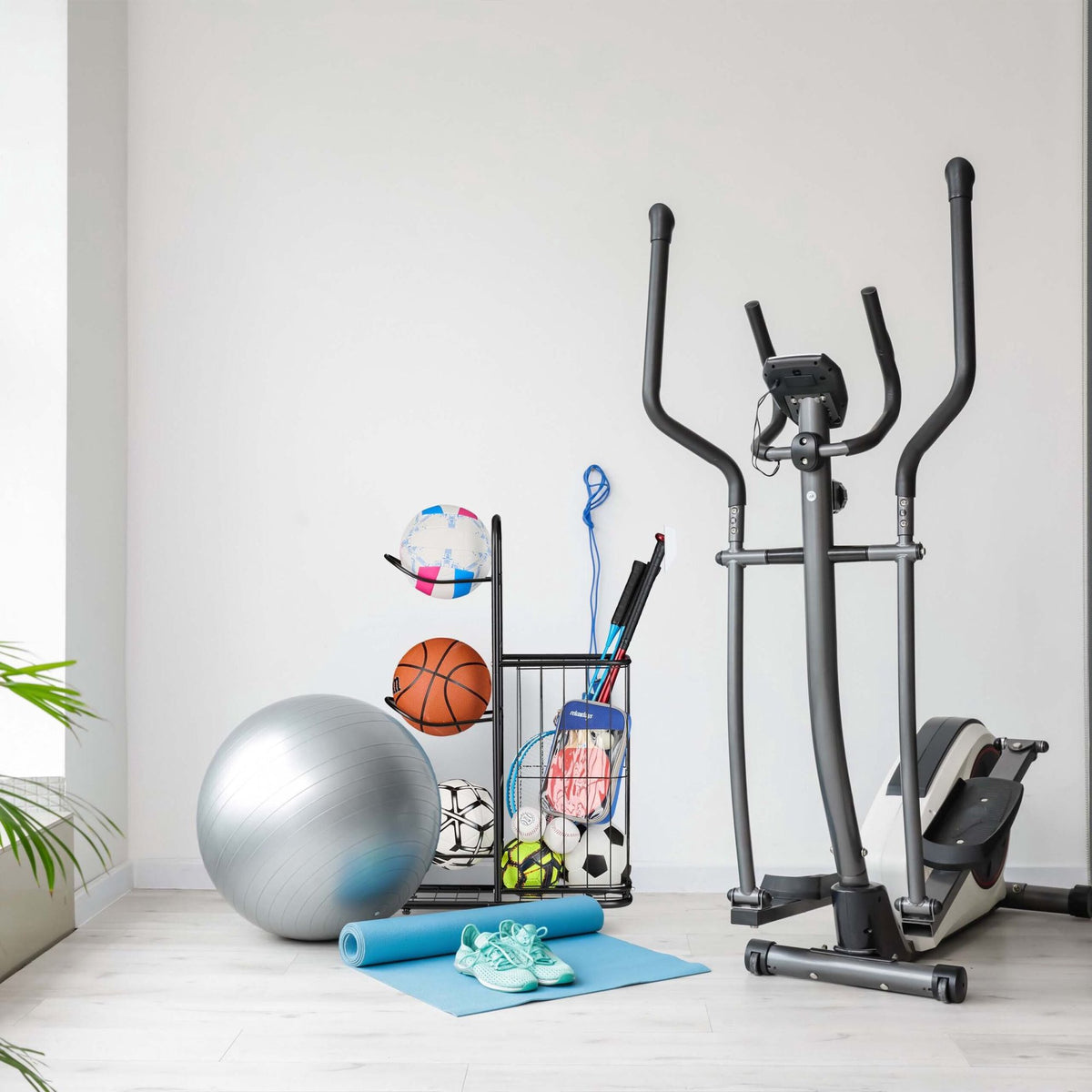 Silver Metal Ball Rack with 4 Shelves and Basket