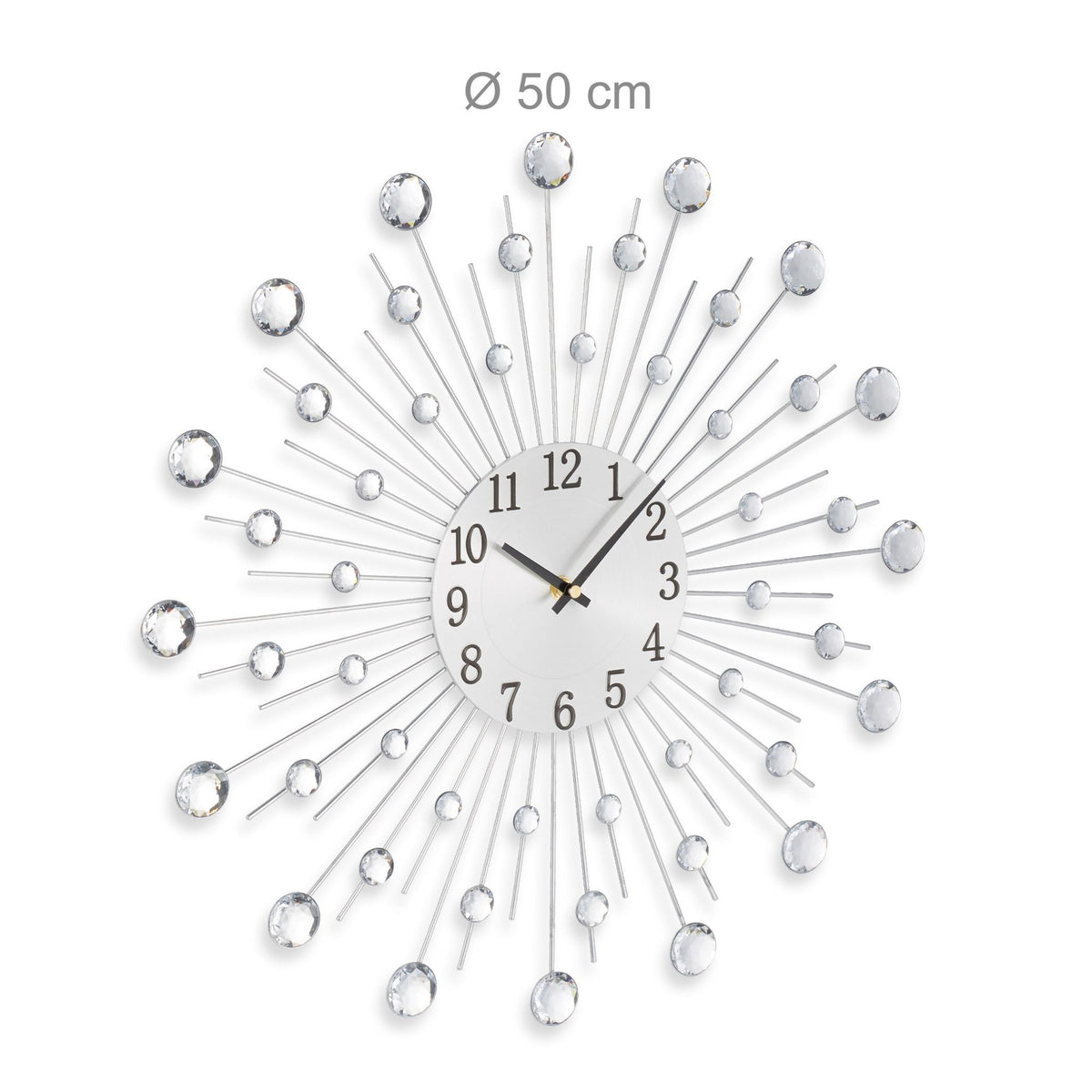 Silver Wall Clock with Glittering Stones, 50cm Diameter