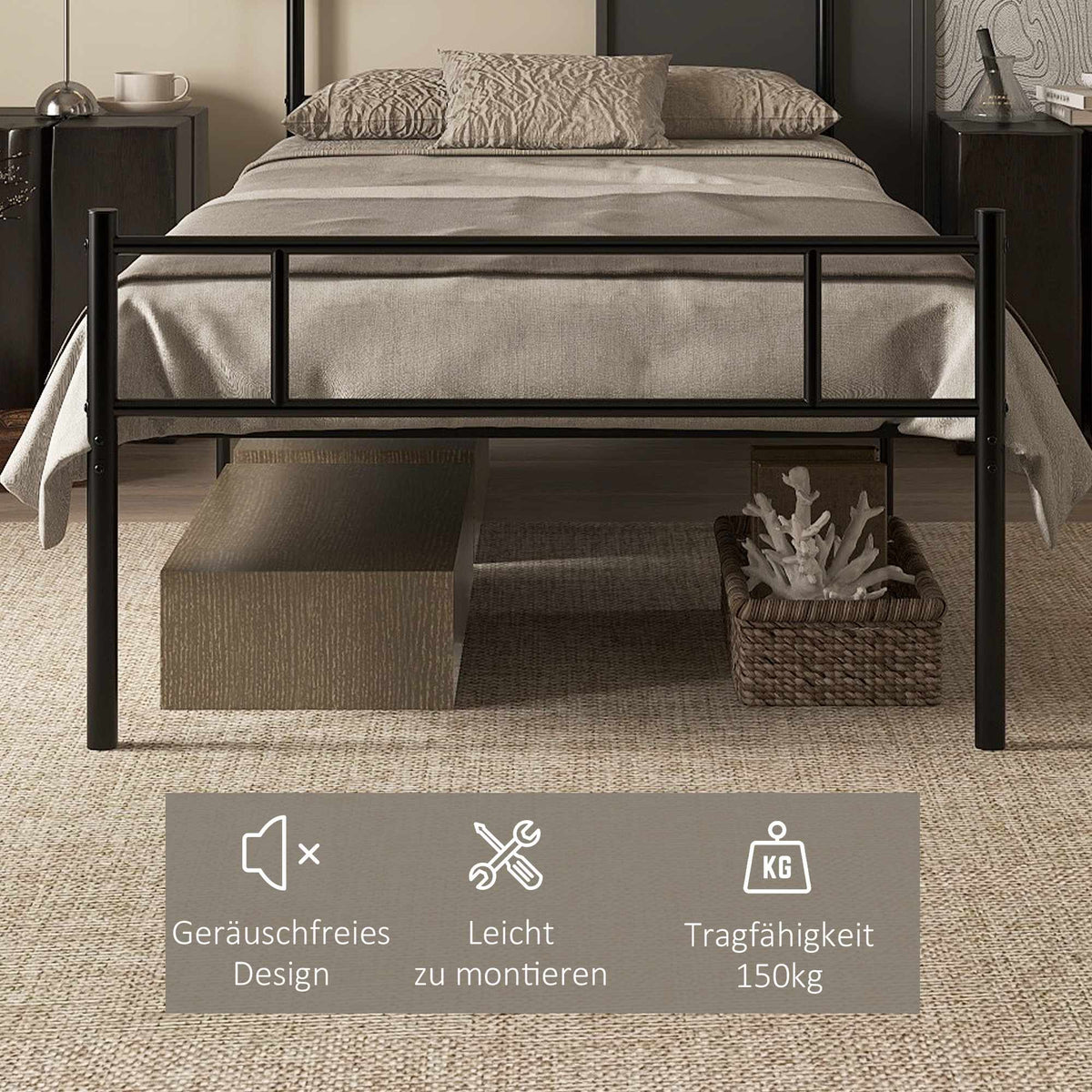 Single Bed Frame, Black Steel, 90x200 cm, Storage Space
