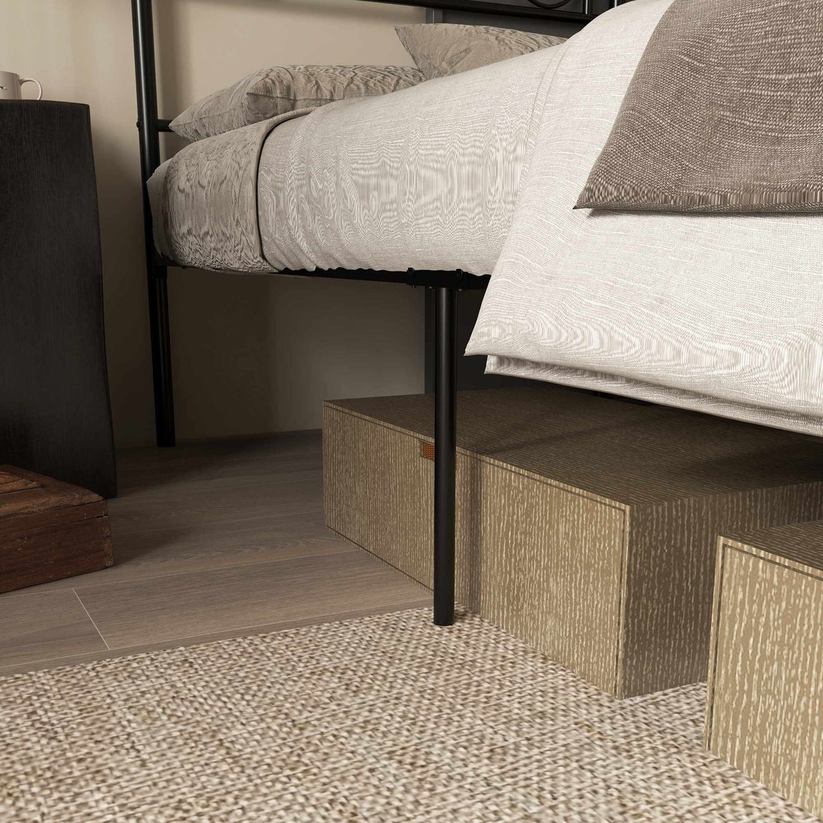 Single Bed Frame, Black Steel, 90x200 cm, Storage Space