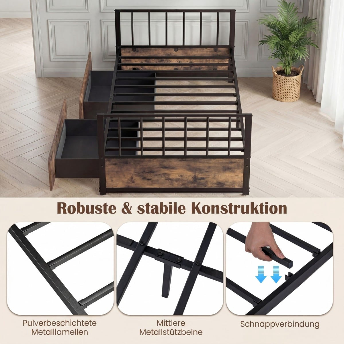Single Bed Frame with 2 Drawers, Headboard, Footboard