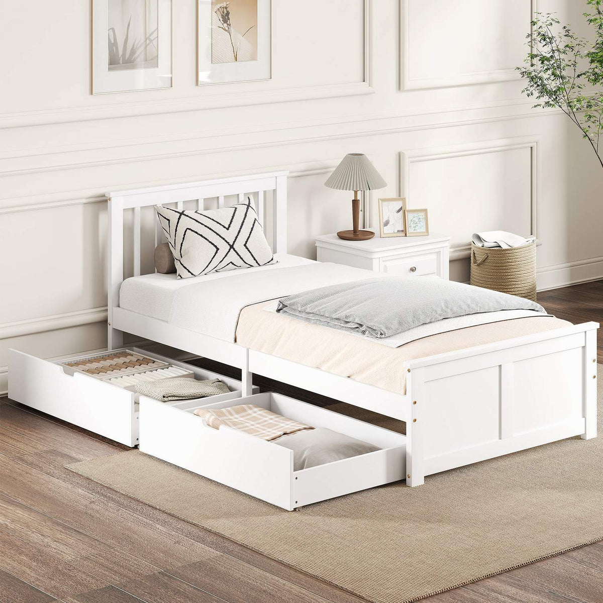 Single Bed Frame with Drawers, Wood, 90x200 cm, White