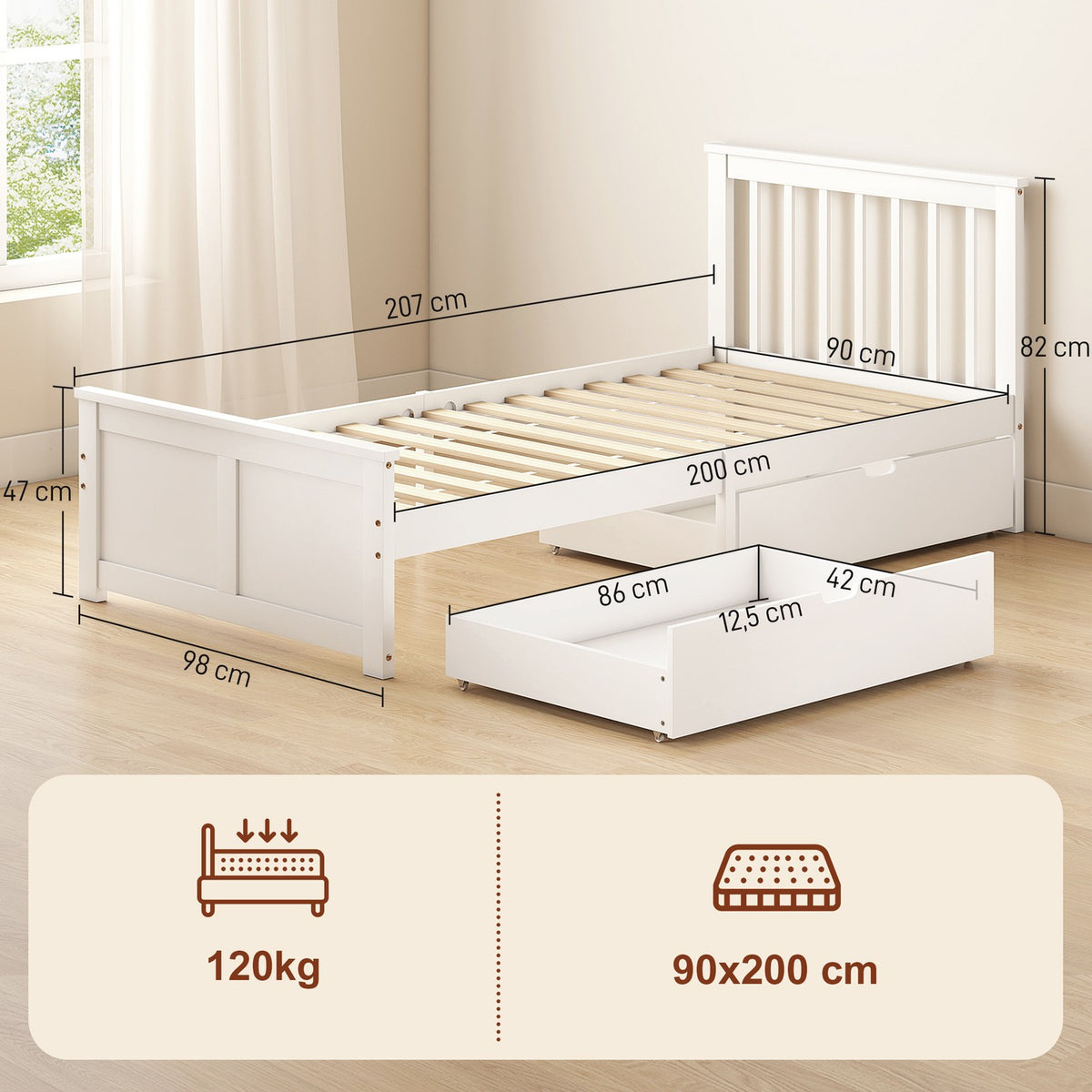 Single Bed Frame with Drawers, Wood, 90x200 cm, White