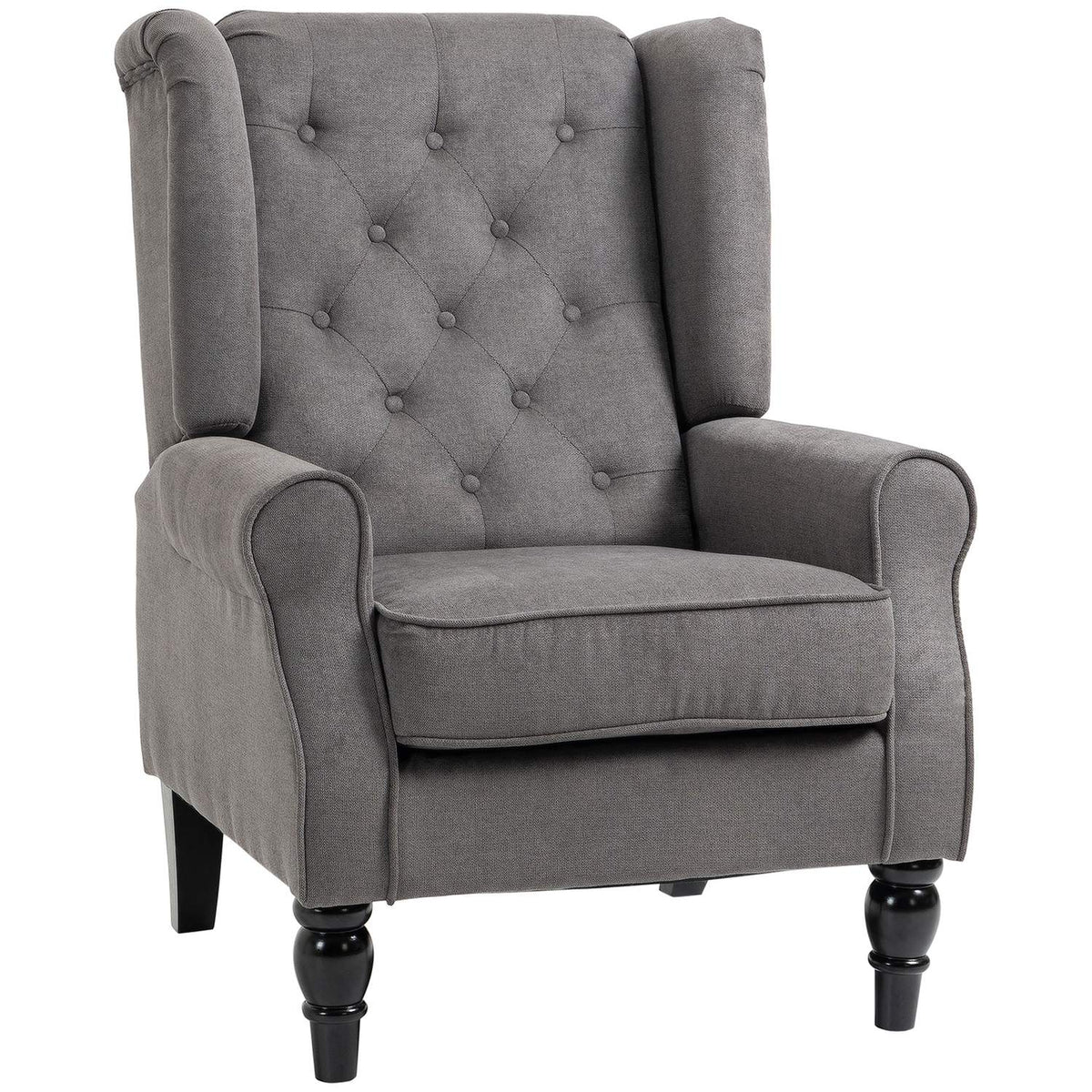 Single Chair Relax Chair Wing Chair With Tufting, Wooden Feet, Polyester, Dark Gray, 74X86X102Cm