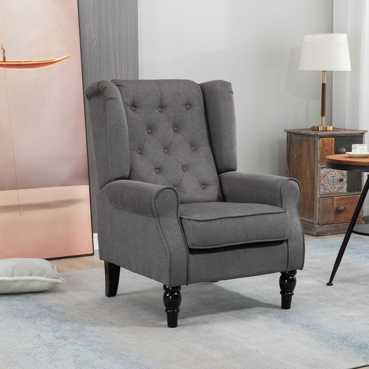 Single Chair Relax Chair Wing Chair With Tufting, Wooden Feet, Polyester, Dark Gray, 74X86X102Cm