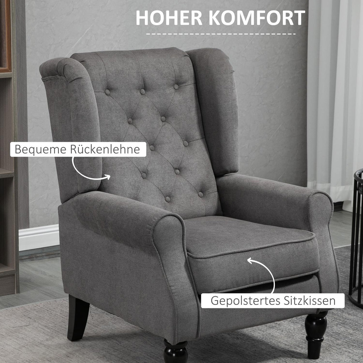Single Chair Relax Chair Wing Chair With Tufting, Wooden Feet, Polyester, Dark Gray, 74X86X102Cm