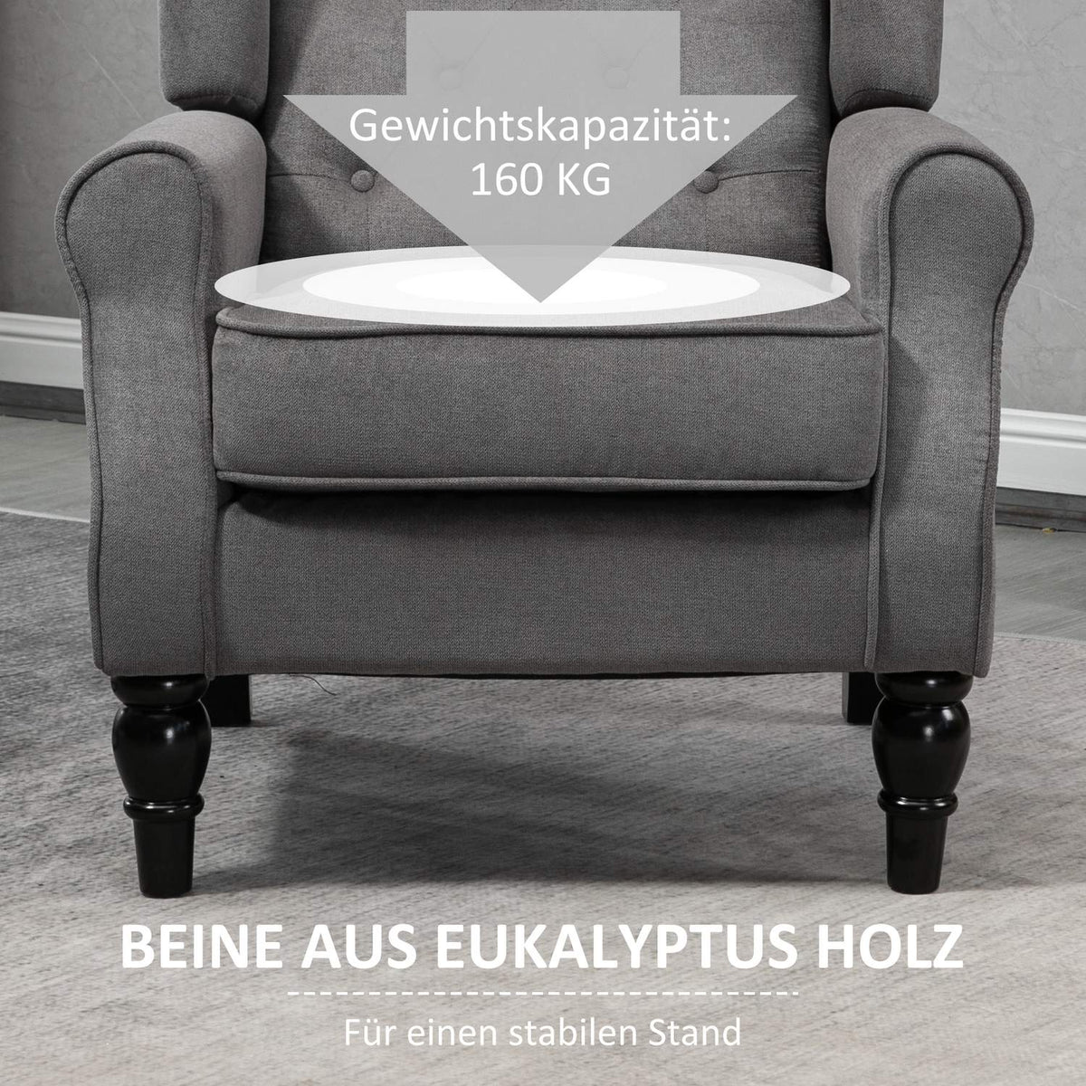 Single Chair Relax Chair Wing Chair With Tufting, Wooden Feet, Polyester, Dark Gray, 74X86X102Cm