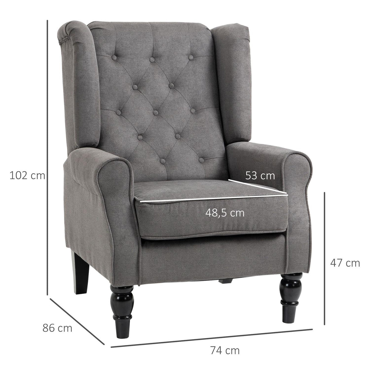 Single Chair Relax Chair Wing Chair With Tufting, Wooden Feet, Polyester, Dark Gray, 74X86X102Cm