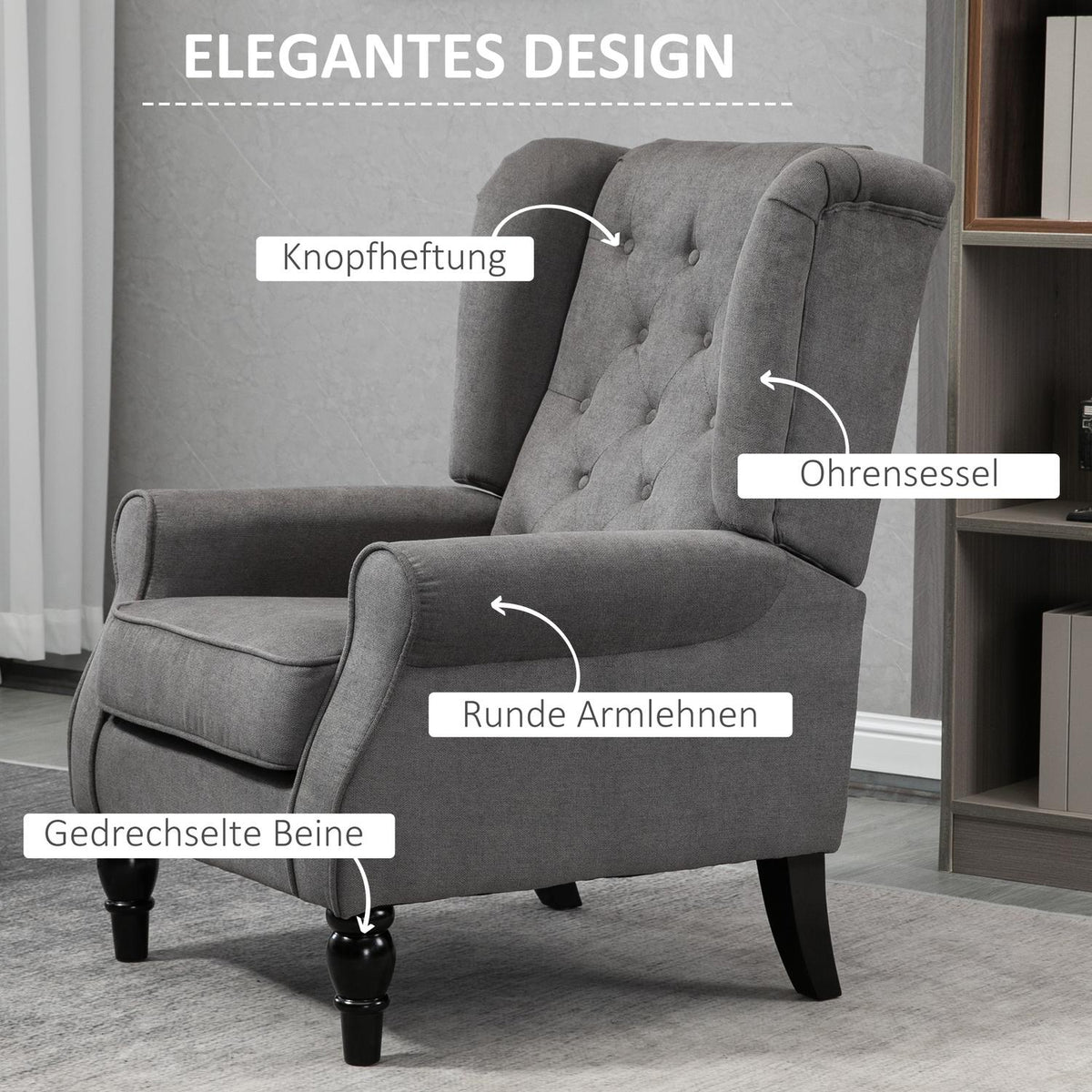 Single Chair Relax Chair Wing Chair With Tufting, Wooden Feet, Polyester, Dark Gray, 74X86X102Cm