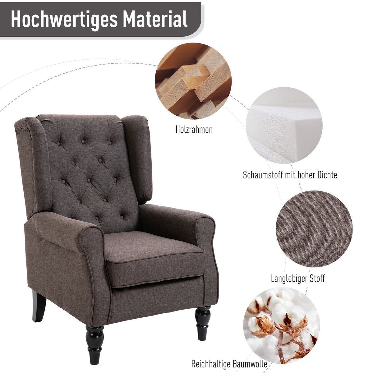 Single Chair Relaxation Chair Single Chair With Tufted Wooden Feet Polyester Brown 76 X 86 X 108 Cm