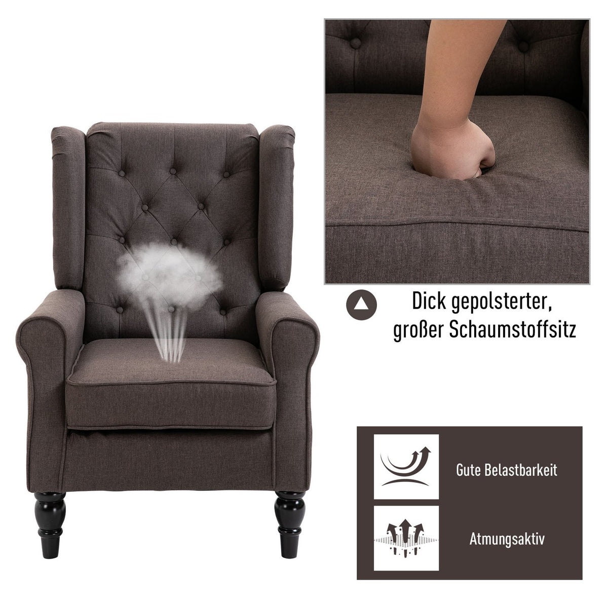 Single Chair Relaxation Chair Single Chair With Tufted Wooden Feet Polyester Brown 76 X 86 X 108 Cm