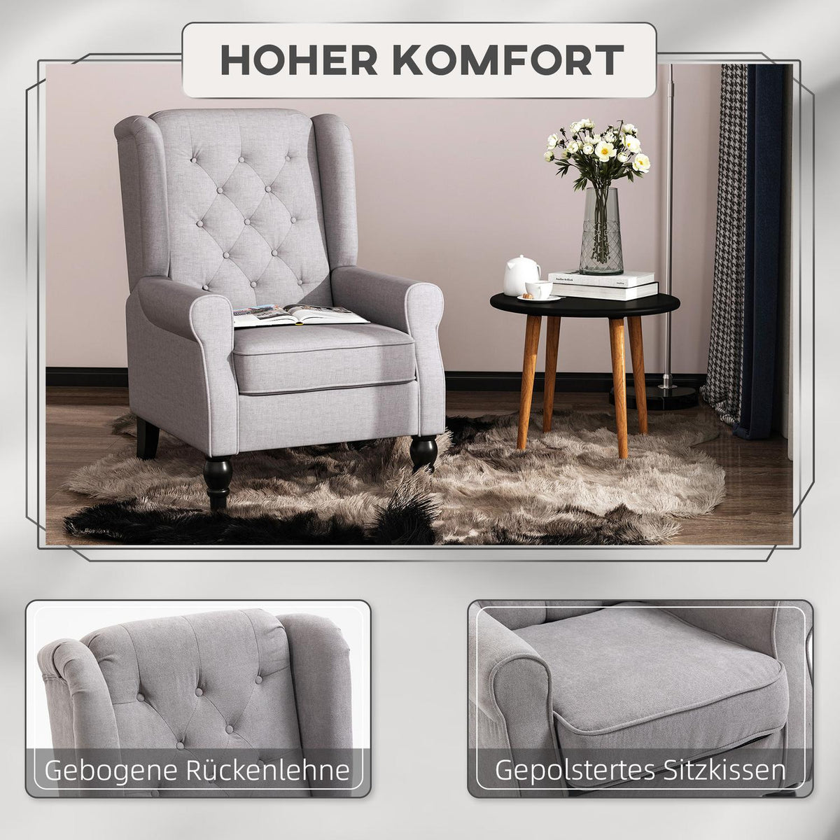 Single Chair, Relaxation Chair, Wing Chair, Single Chair, Accent Chair With Tufted Wooden Feet, Polyester, Gray, 74 X 86 X 102 Cm