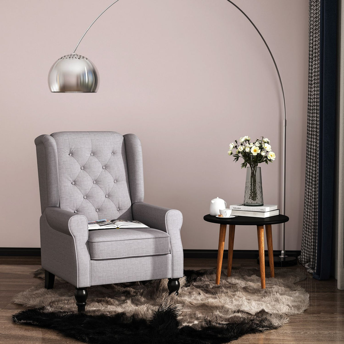 Single Chair, Relaxation Chair, Wing Chair, Single Chair, Accent Chair With Tufted Wooden Feet, Polyester, Gray, 74 X 86 X 102 Cm
