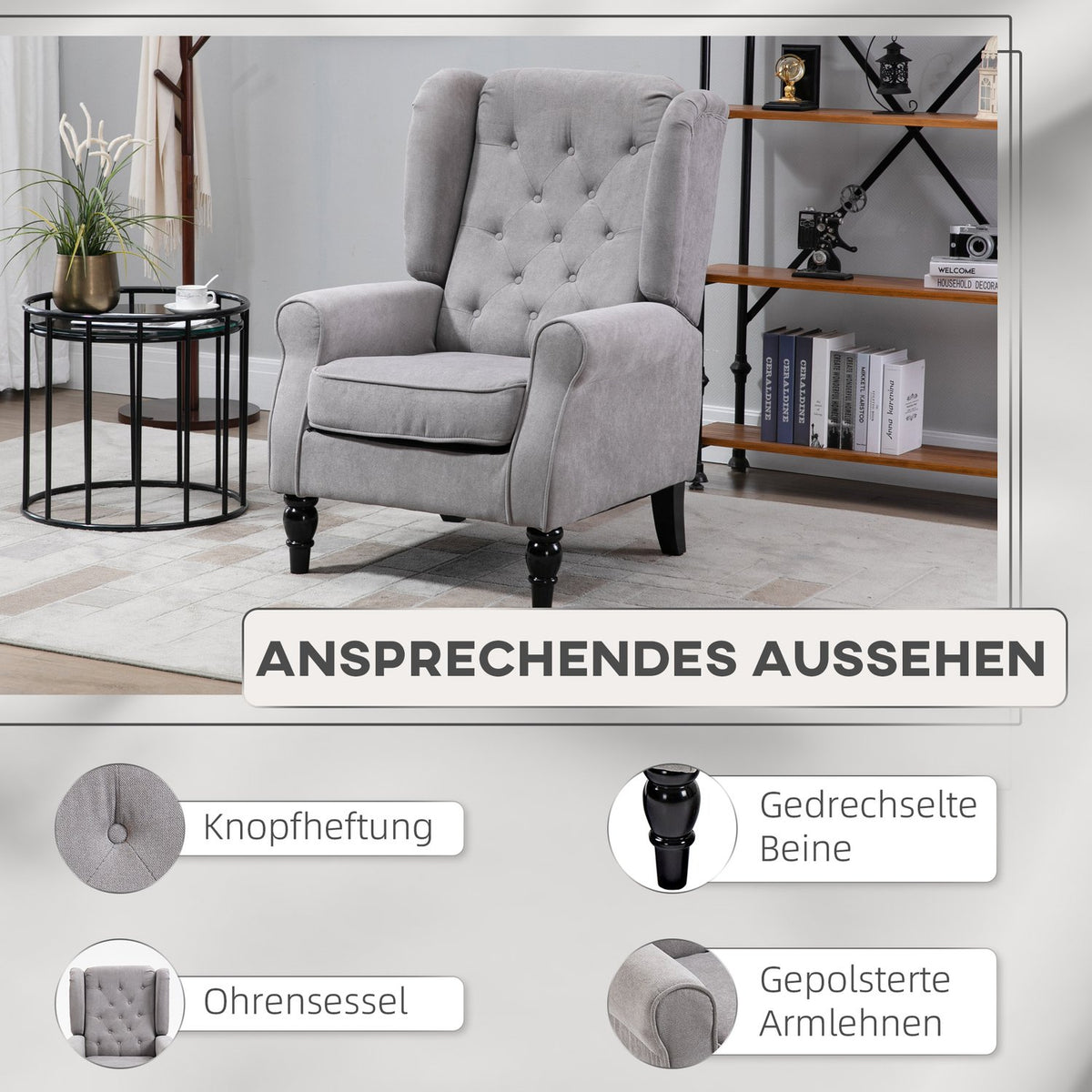 Single Chair, Relaxation Chair, Wing Chair, Single Chair, Accent Chair With Tufted Wooden Feet, Polyester, Gray, 74 X 86 X 102 Cm