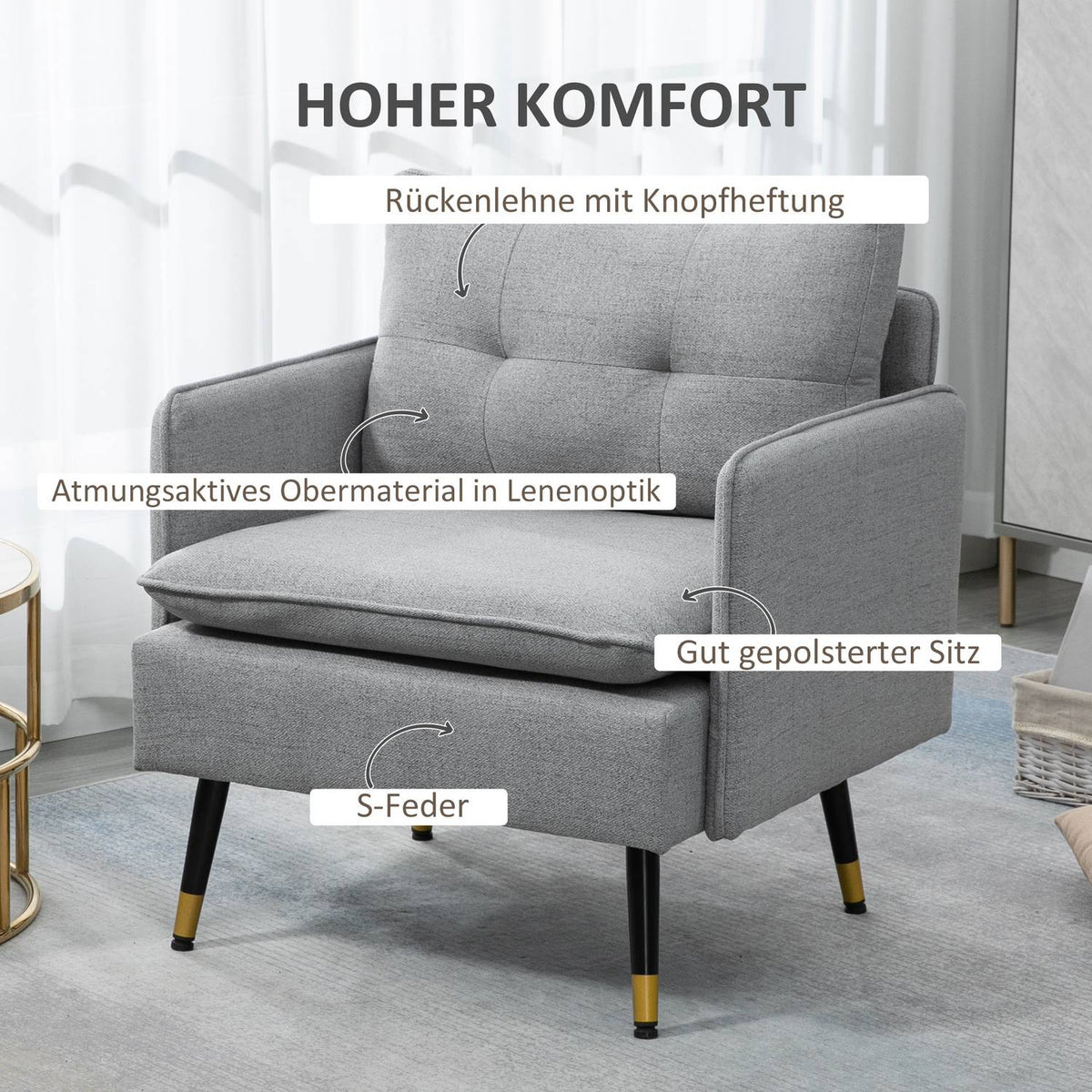 Single Chair Upholstered Chair, Accent Chair With Linen Look, Lounge Chair With Cushion, Armrest Chair With Steel Legs, Load Capacity Up To 120 Kg