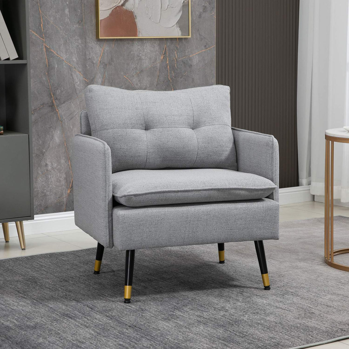 Single Chair Upholstered Chair, Accent Chair With Linen Look, Lounge Chair With Cushion, Armrest Chair With Steel Legs, Load Capacity Up To 120 Kg
