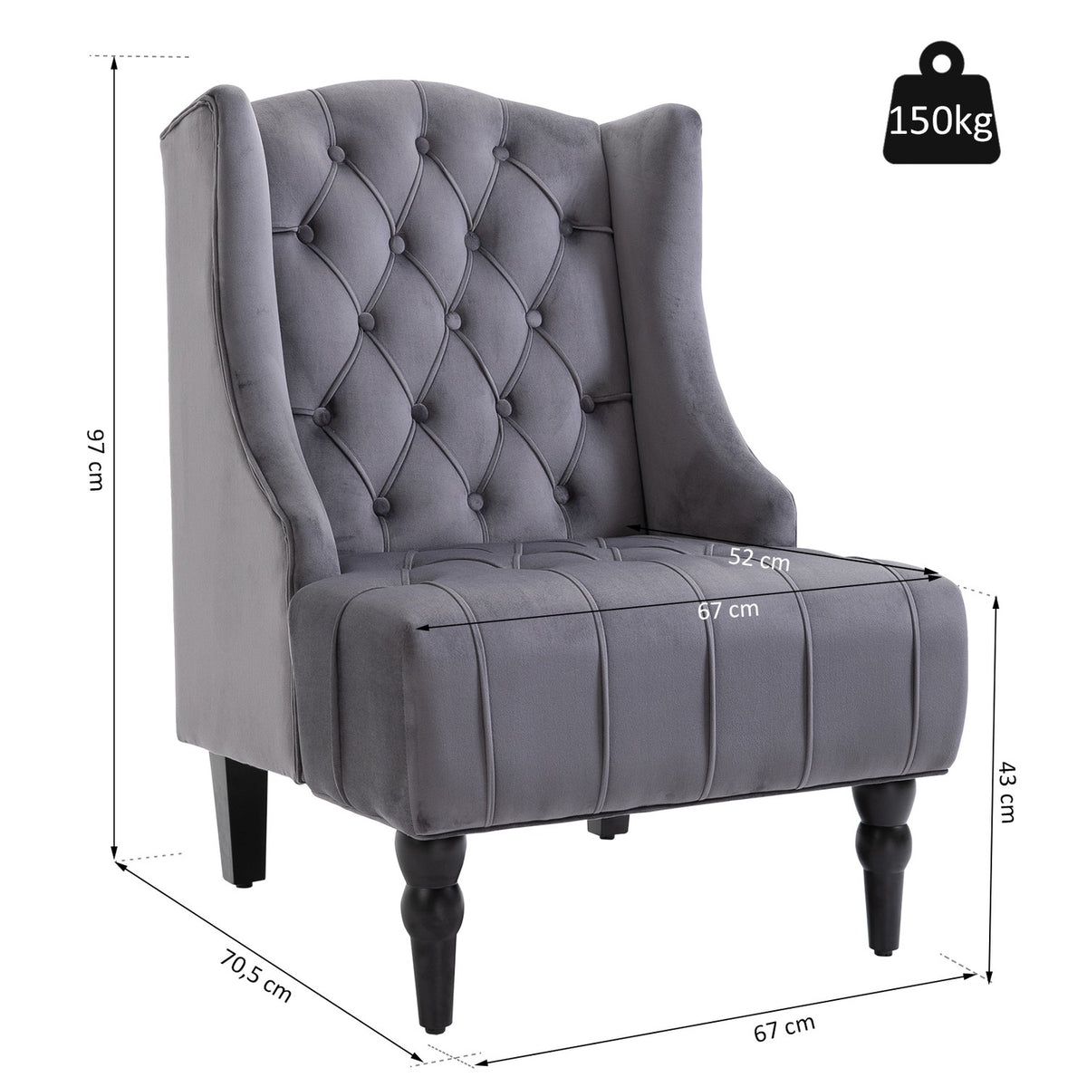 Single Chair Wing Chair Relaxation Chair With Tufted Raised Legs Velvet Fabric Gray 67 X 70.5 X 97 Cm