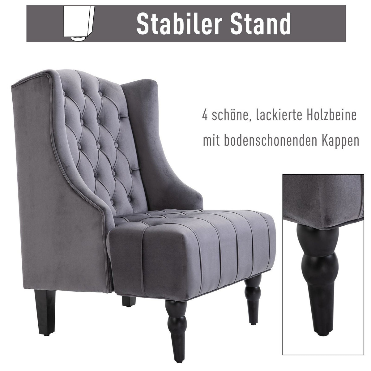 Single Chair Wing Chair Relaxation Chair With Tufted Raised Legs Velvet Fabric Gray 67 X 70.5 X 97 Cm
