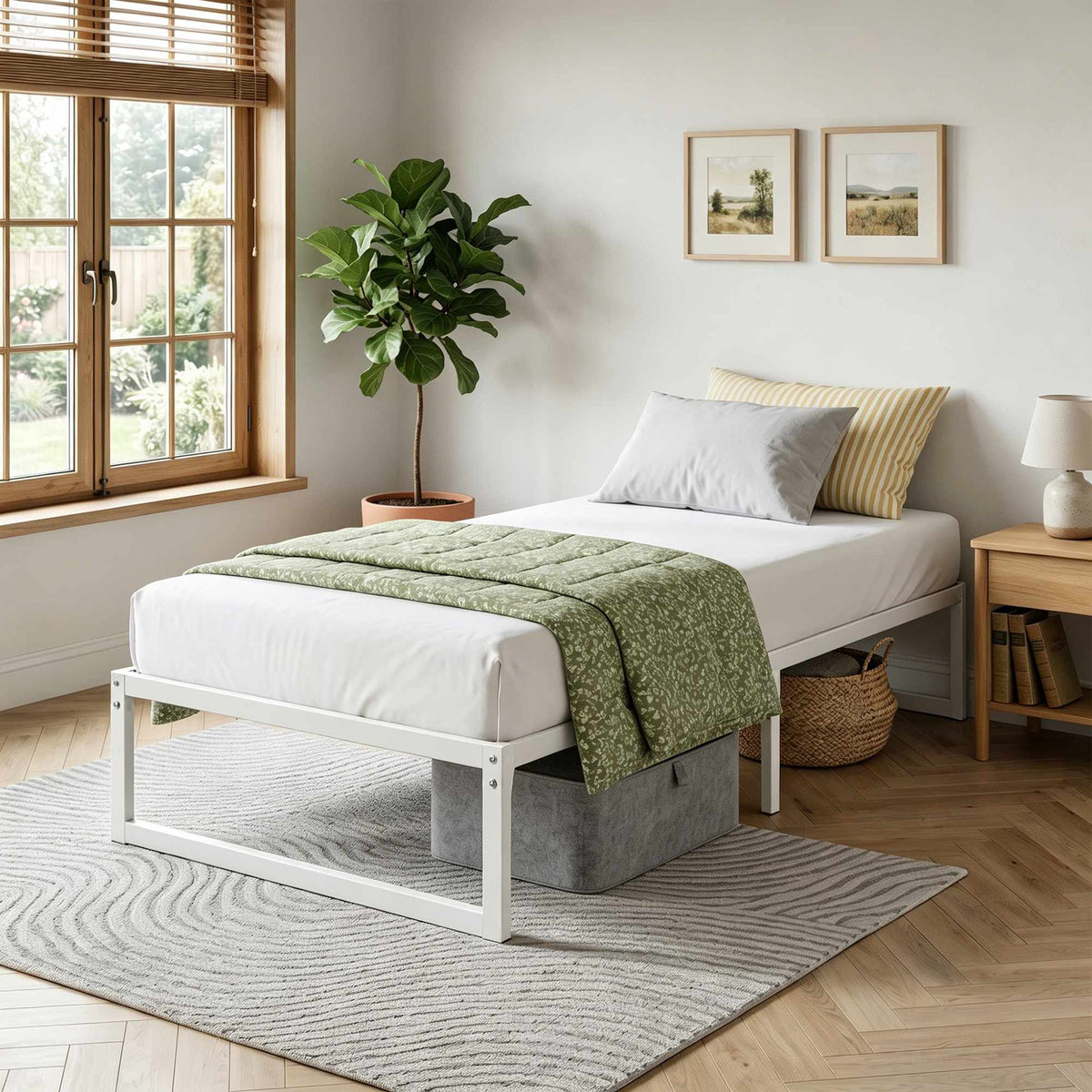Single Metal Bed Frame with Storage, 90 x 200 cm, White
