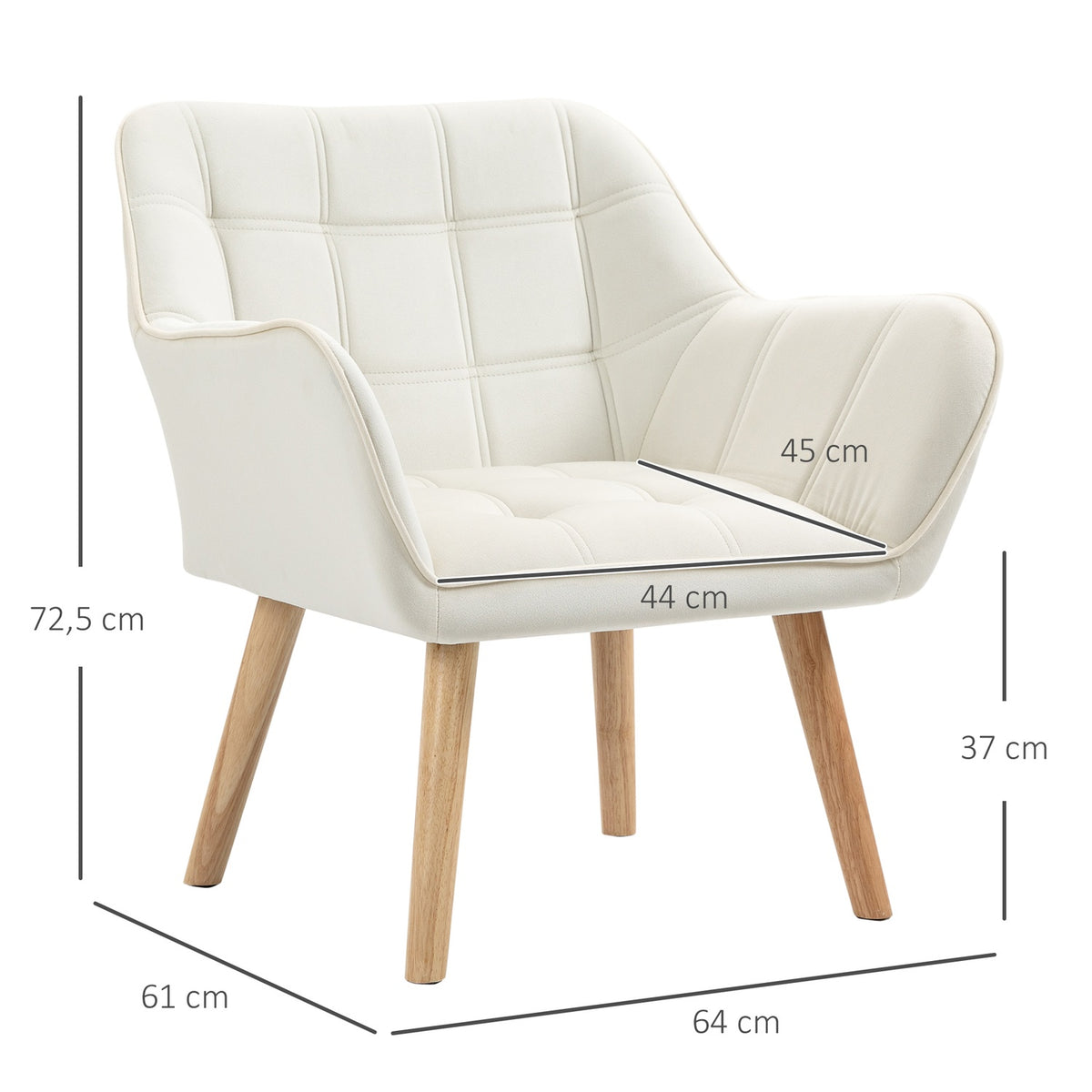 Single armchair, relaxation armchair, armchair with velvet look, raised legs, upholstered armchair for living room, bedroom, 64 x 62 x 72.5 cm, cream
