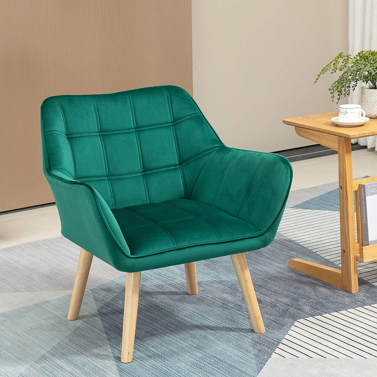 Single armchair, relaxation armchair with velvet look, raised legs, Scandinavian upholstered armchair for living room, bedroom, 64x62x72.5cm, green