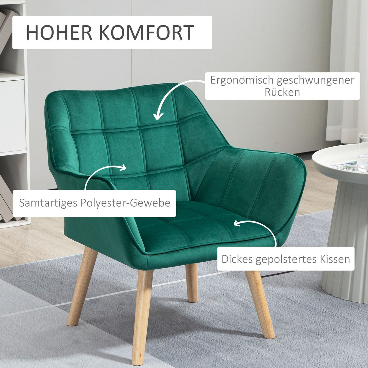 Single armchair, relaxation armchair with velvet look, raised legs, Scandinavian upholstered armchair for living room, bedroom, 64x62x72.5cm, green