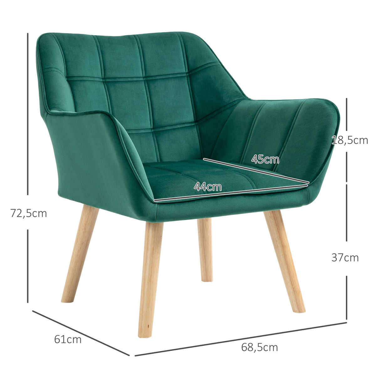 Single armchair, relaxation armchair with velvet look, raised legs, Scandinavian upholstered armchair for living room, bedroom, 64x62x72.5cm, green