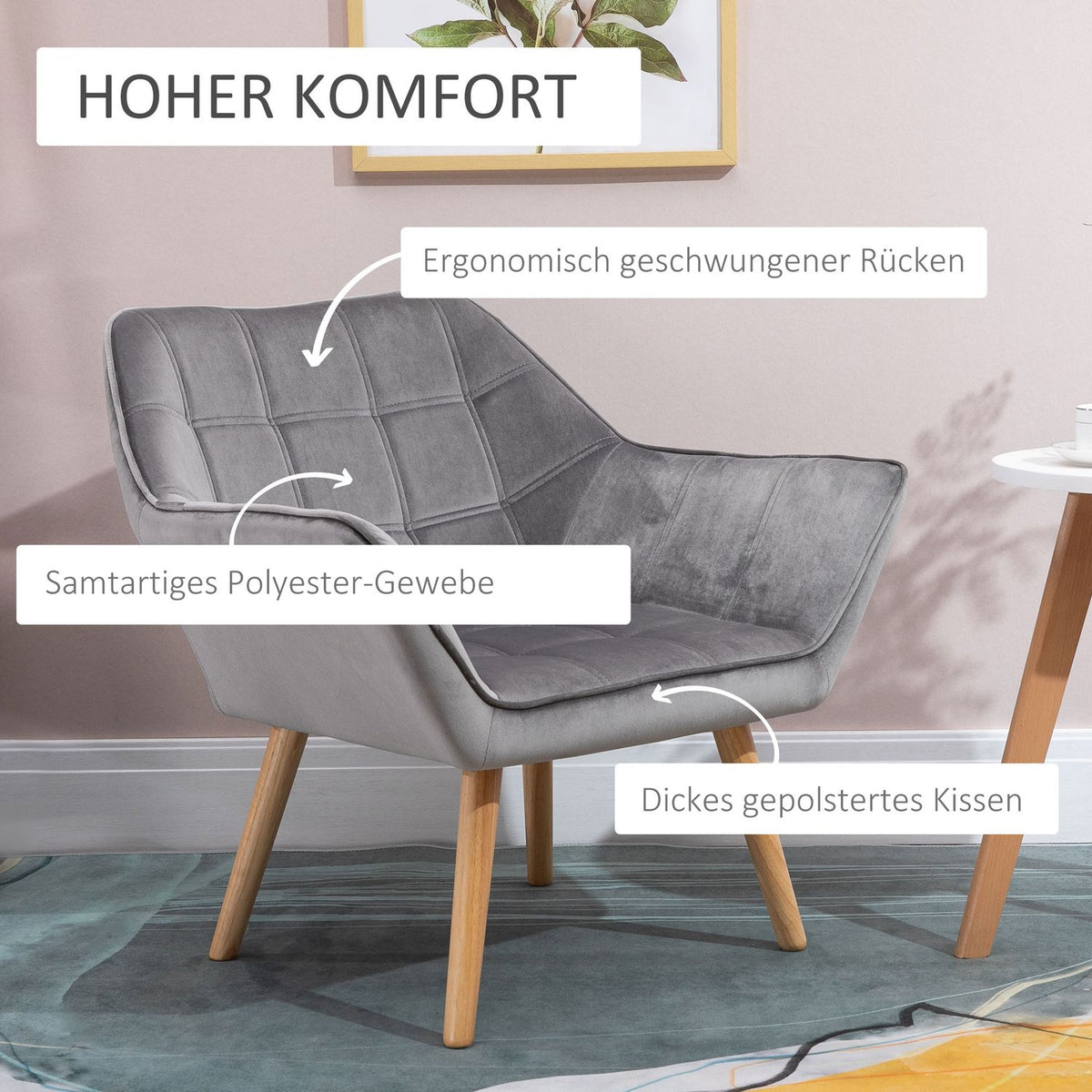 Single armchair wing chair relaxation chair armchair with velvet raised legs velvet-like polyester Scandinavian gray 64 x 62 x 72.5 cm