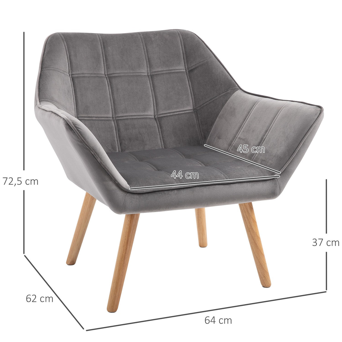 Single armchair wing chair relaxation chair armchair with velvet raised legs velvet-like polyester Scandinavian gray 64 x 62 x 72.5 cm