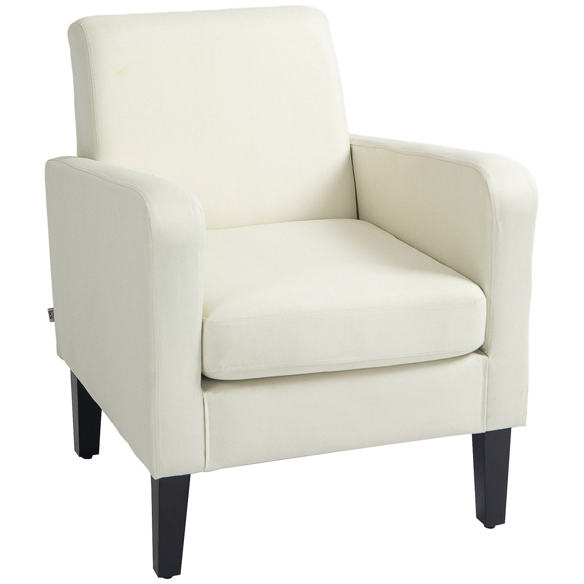 Single armchair with backrest, rounded armrests, padded lounge chair with linen look, wooden legs, for bedroom, living room, up to 150 kg, cream white