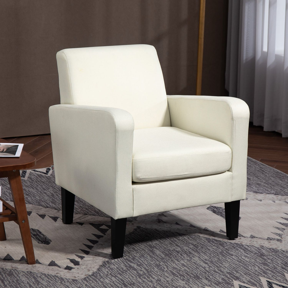 Single armchair with backrest, rounded armrests, padded lounge chair with linen look, wooden legs, for bedroom, living room, up to 150 kg, cream white