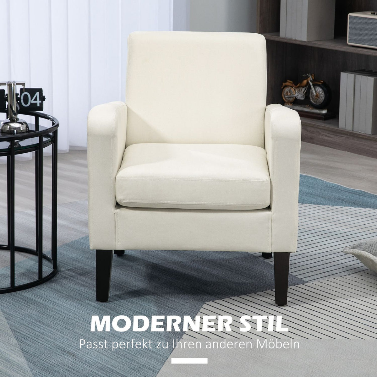 Single armchair with backrest, rounded armrests, padded lounge chair with linen look, wooden legs, for bedroom, living room, up to 150 kg, cream white