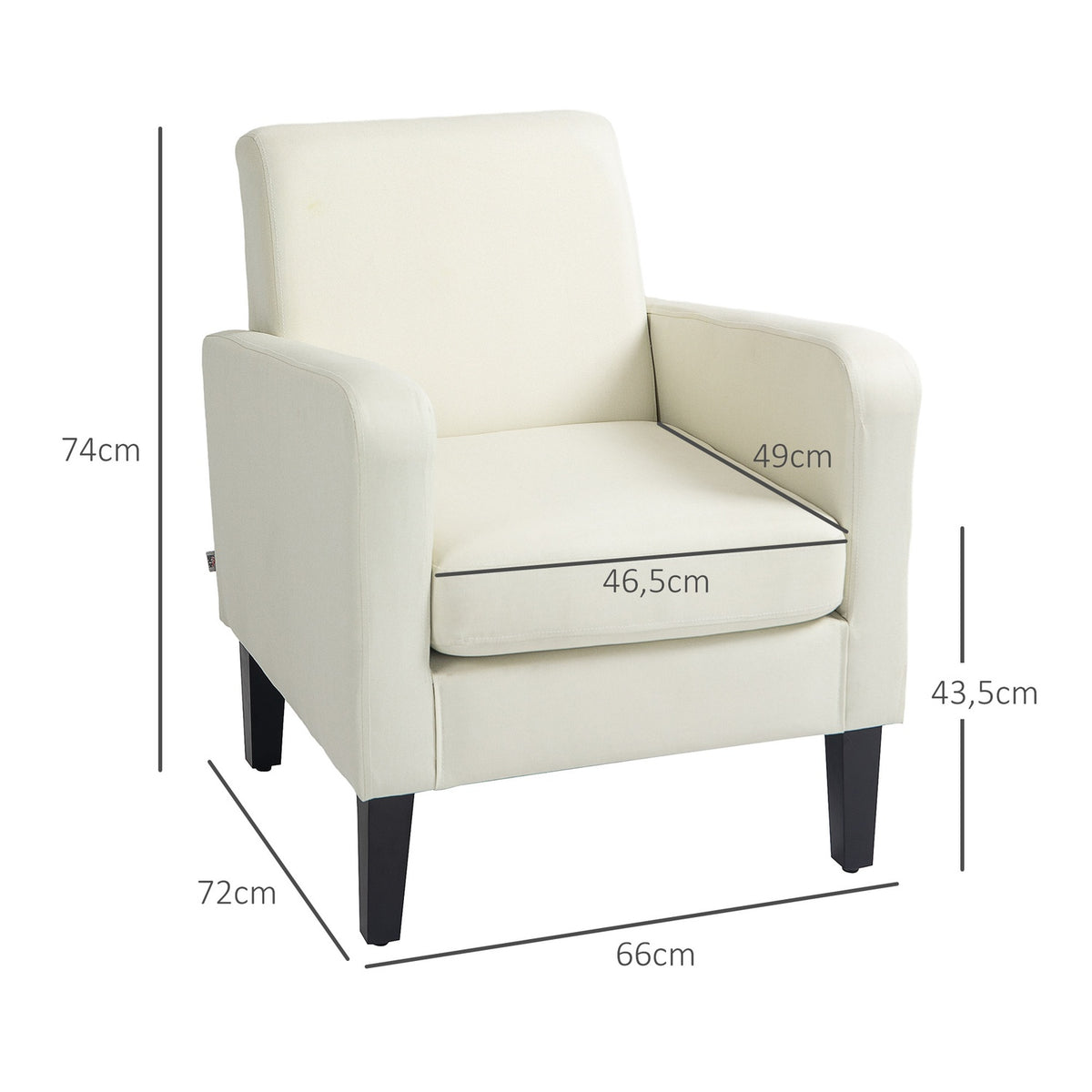 Single armchair with backrest, rounded armrests, padded lounge chair with linen look, wooden legs, for bedroom, living room, up to 150 kg, cream white