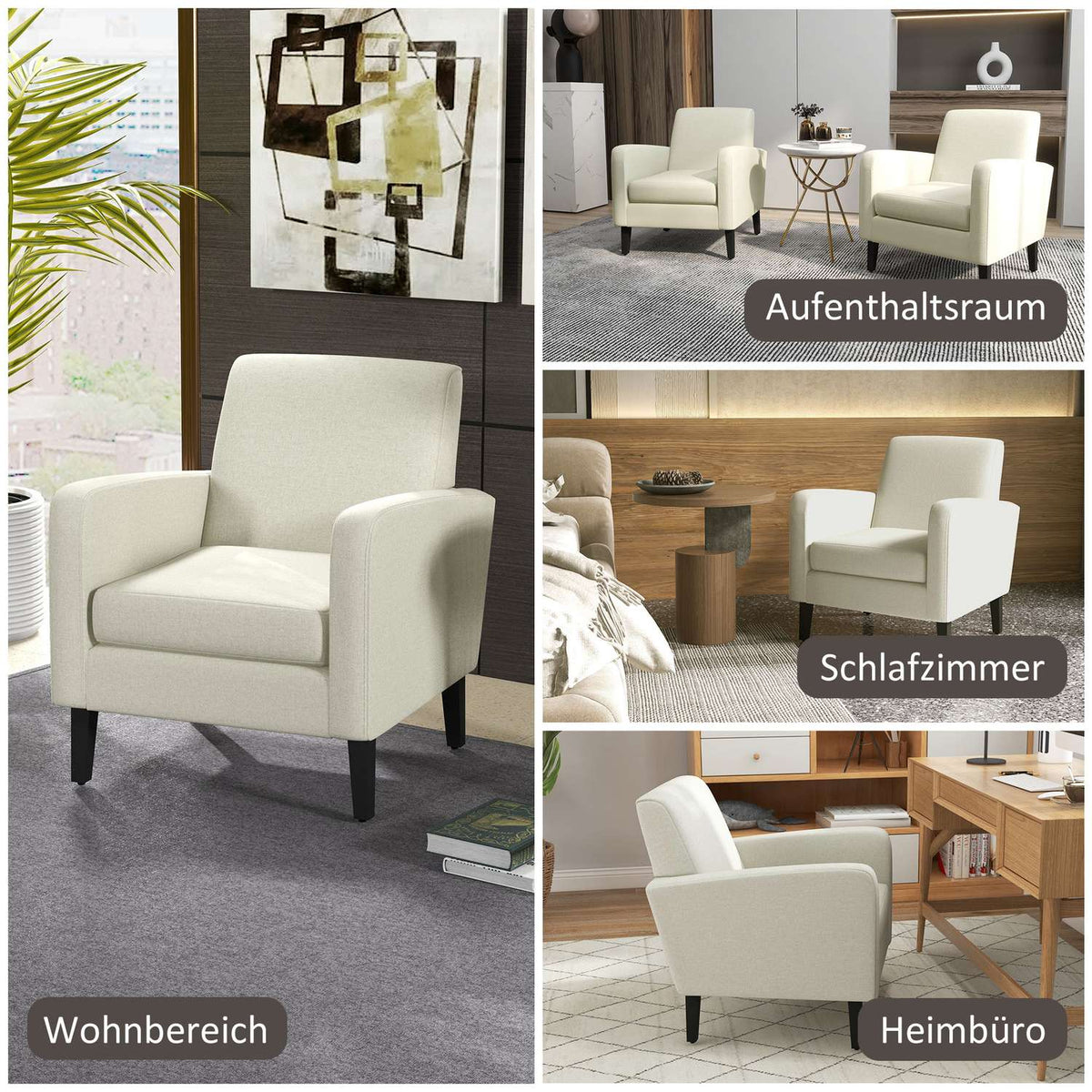 Single armchair with backrest, rounded armrests, padded lounge chair with linen look, wooden legs, for bedroom, living room, up to 150 kg, cream white