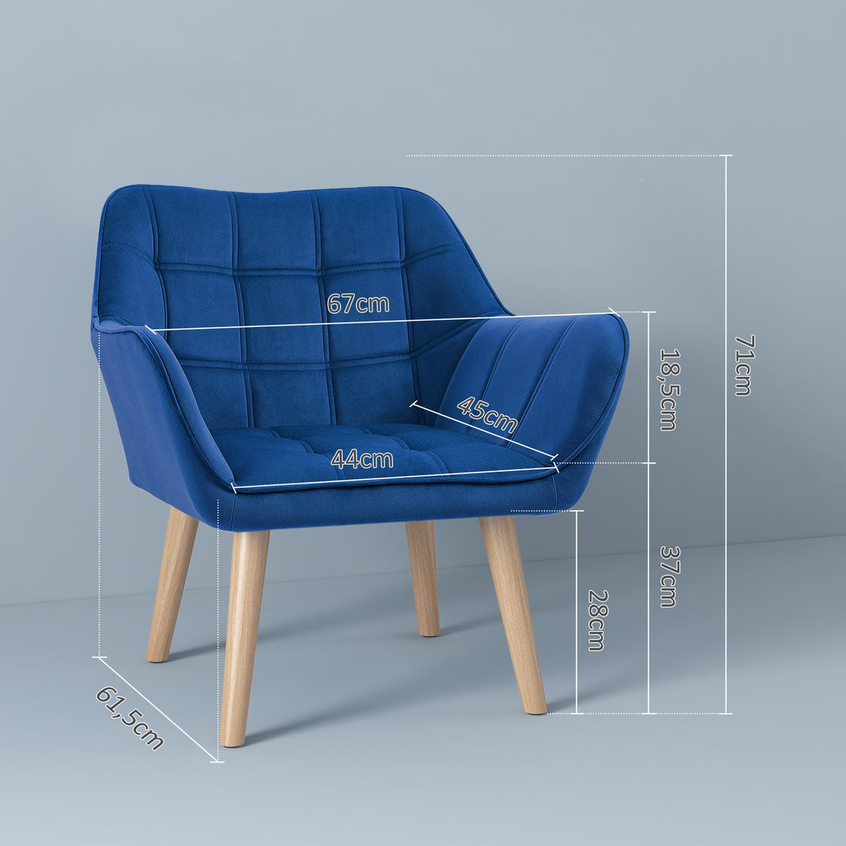 Single chair wing chair relaxation chair velvet with raised legs, Scandinavian design, blue, 67 x 61.5 x 71 cm