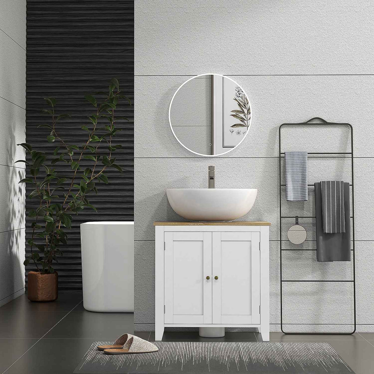 Sink base cabinet, bathroom cabinet, base cabinet with adjustable shelf, white + natural, 60 x 30 x 60 cm