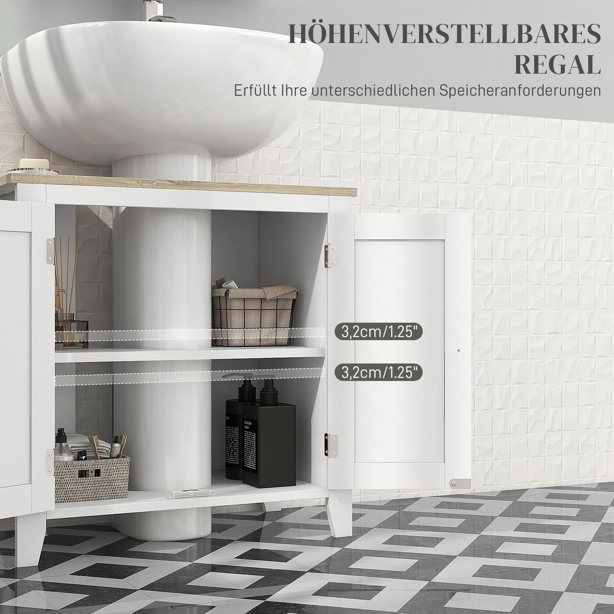 Sink base cabinet, bathroom cabinet, base cabinet with adjustable shelf, white + natural, 60 x 30 x 60 cm
