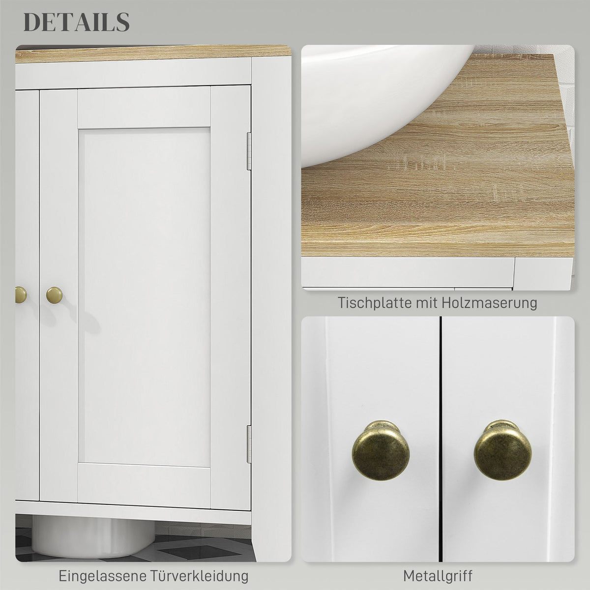 Sink base cabinet, bathroom cabinet, base cabinet with adjustable shelf, white + natural, 60 x 30 x 60 cm