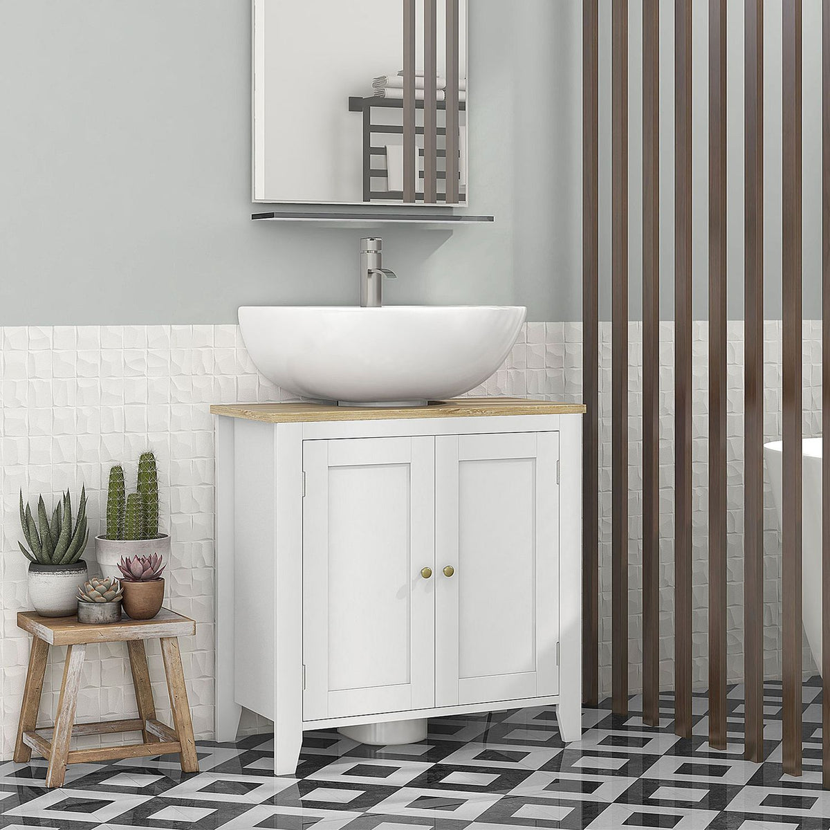 Sink base cabinet, bathroom cabinet, base cabinet with adjustable shelf, white + natural, 60 x 30 x 60 cm