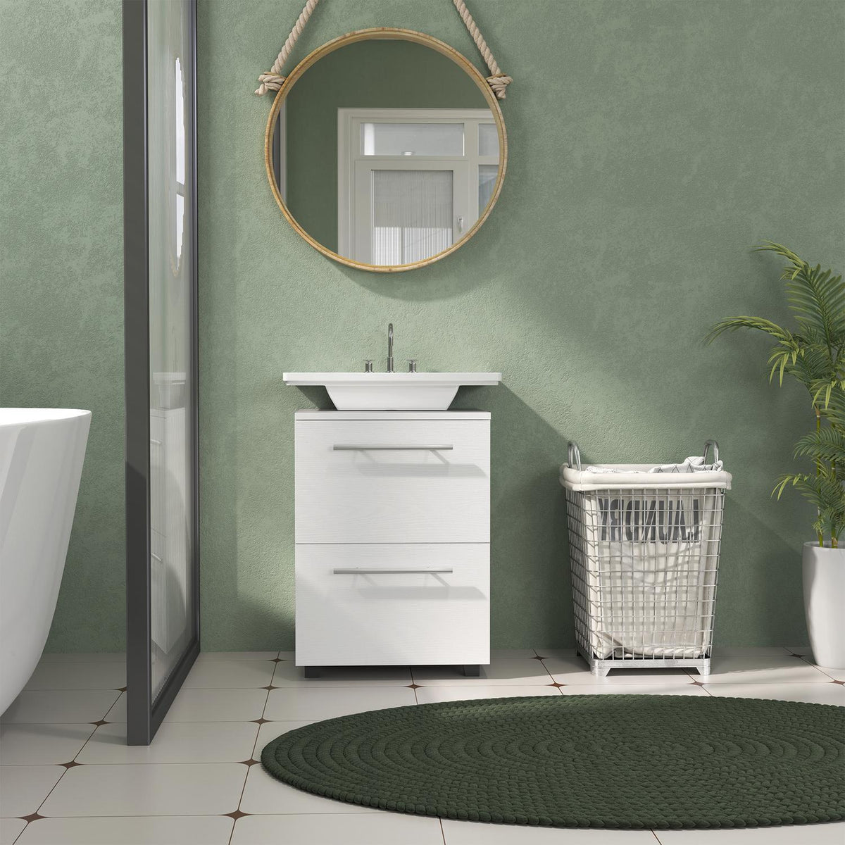 Sink base cabinet with cabinet compartment, drawer, vanity unit, bathroom base cabinet with tilt protection for wall-mounted basins, white, 41.5 x 35.5 x 59 cm