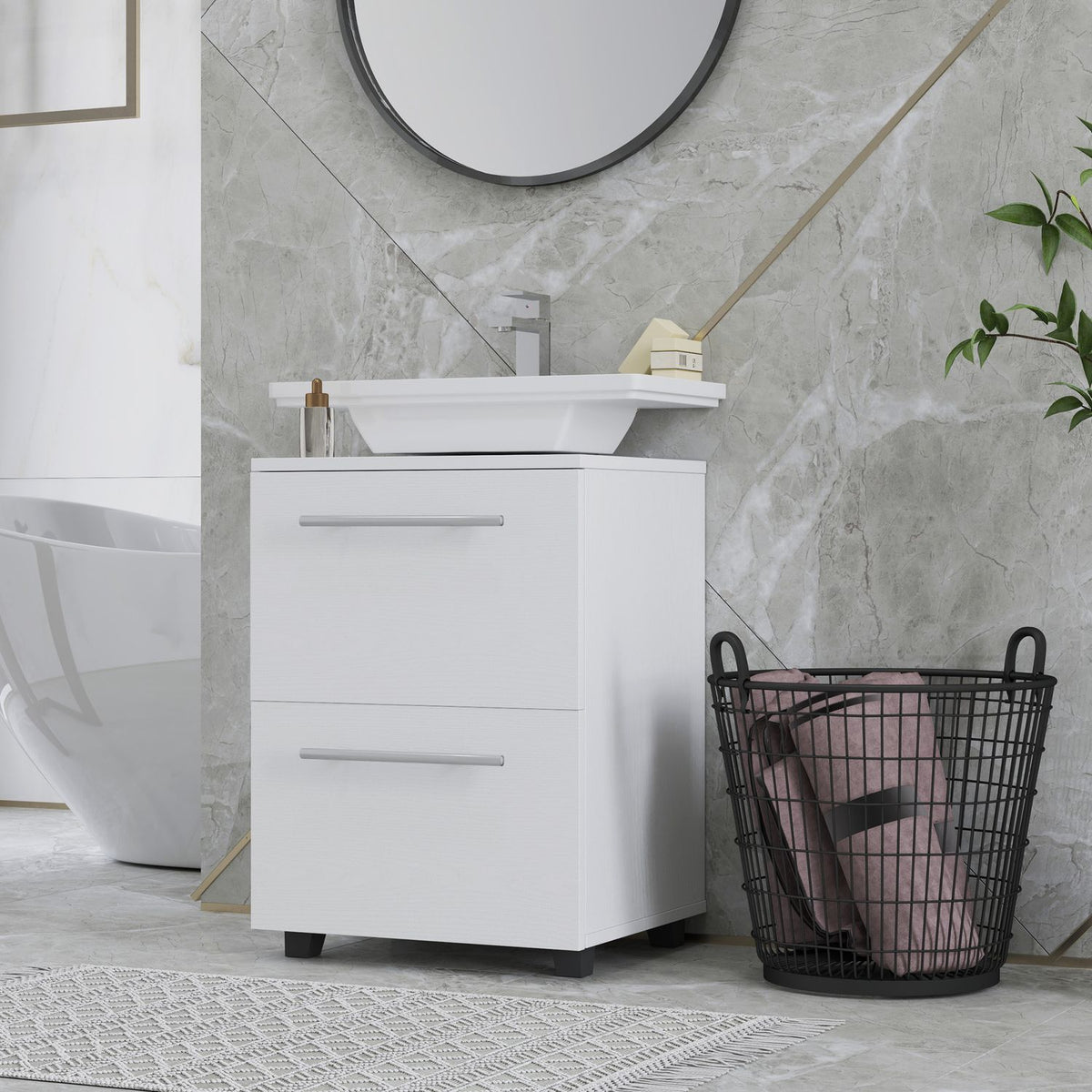 Sink base cabinet with cabinet compartment, drawer, vanity unit, bathroom base cabinet with tilt protection for wall-mounted basins, white, 41.5 x 35.5 x 59 cm
